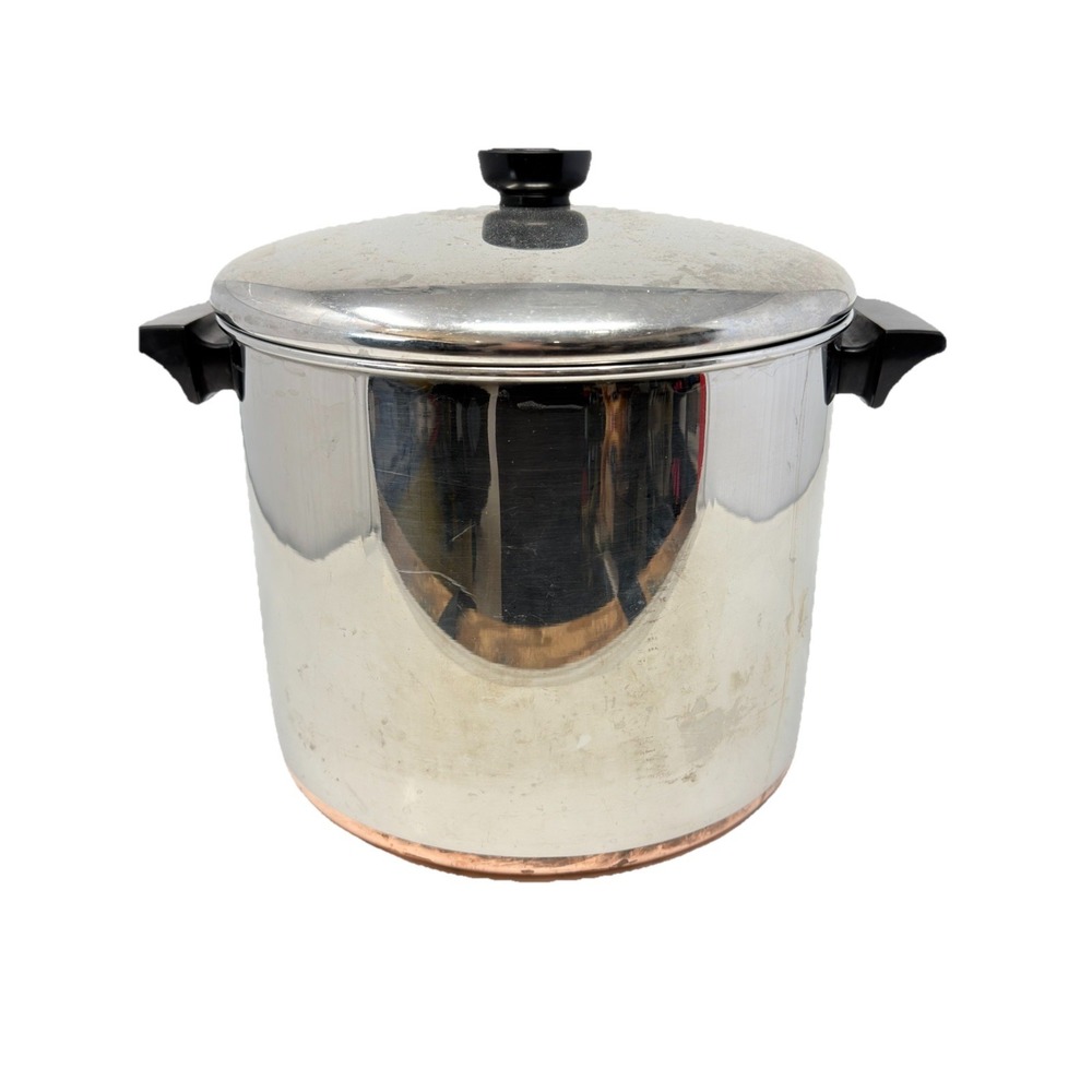 Vtg Revere Ware 1801 Copper Bottom 8 Qt Stock Pot & Lid Clinton ILL USA 9" Wide